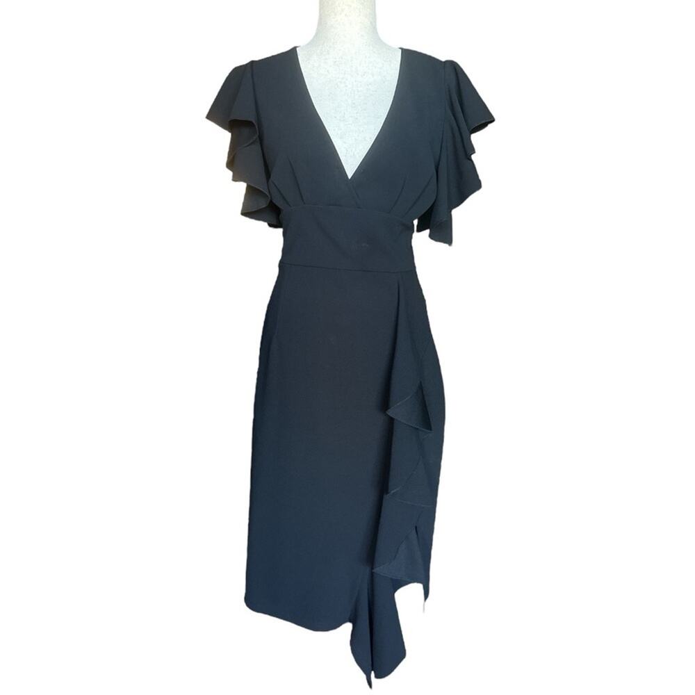 Black Ruffle Sleeve Fitted Midi Dress Front Slit Cocktail Evening Size 12 - Picture 2 of 7